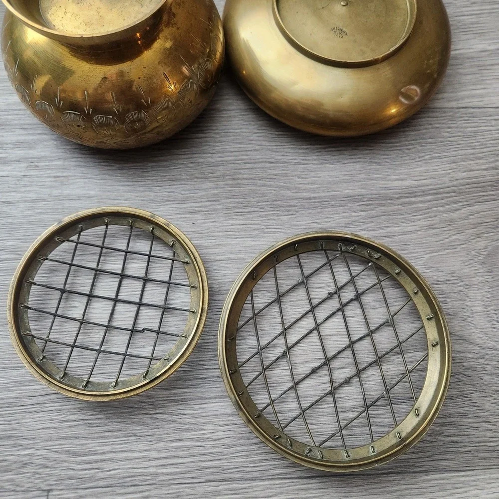 Vintage Etched Brass Rose Bowl Set with‎ Engraved Flowers Frog Mesh Insense Bowl
